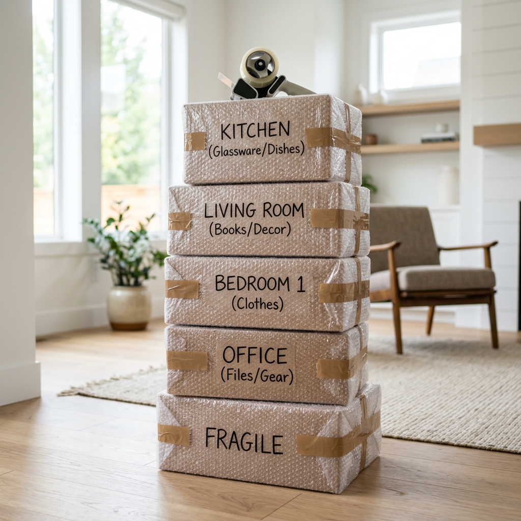 Stacked moving boxes wrapped in bubble wrap with packing tape